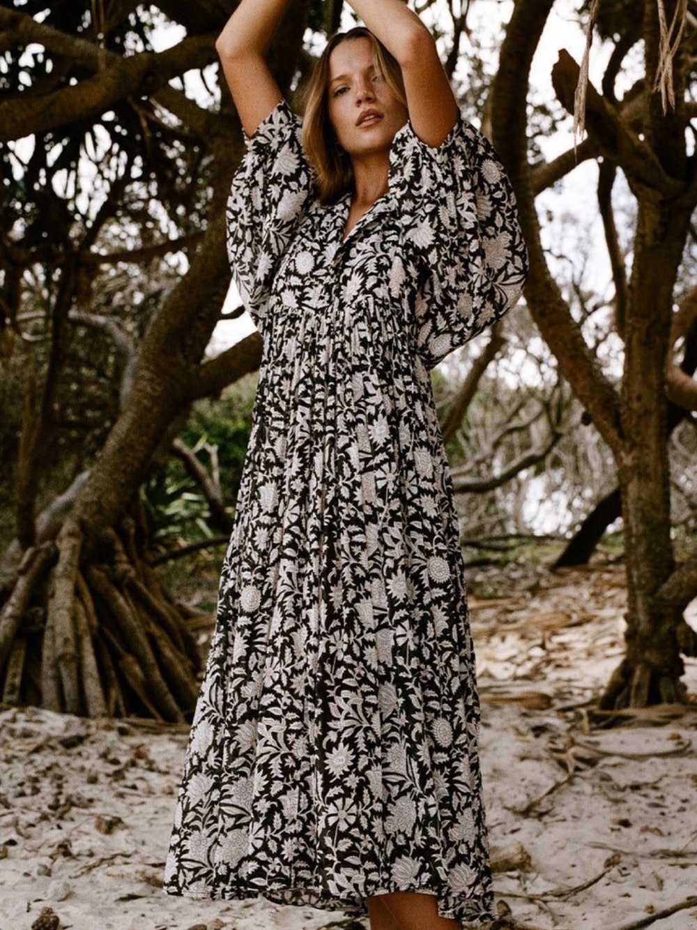 Daughters of India Black & White Floral Maxi Dress
